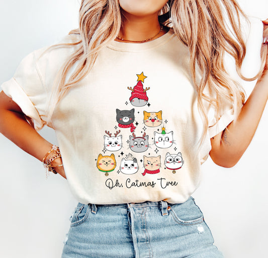Oh Catmas Tree Christmas Comfort Colors Tshirt, Vintage Funny Cat Tee