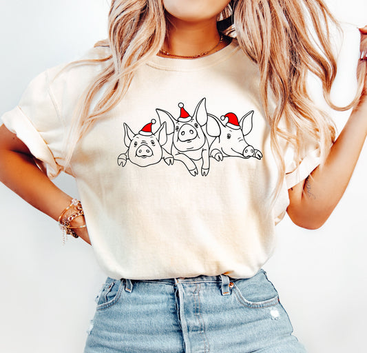 Christmas Pigs Comfort Colors Tshirt, Vintage Funny Animal Tee