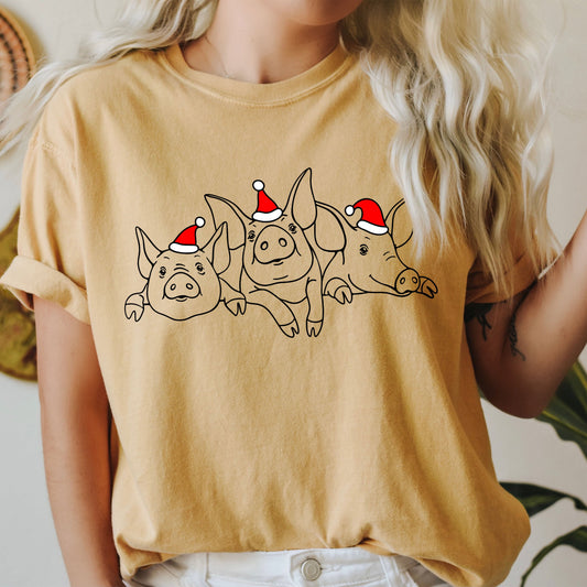 Christmas Pigs Comfort Colors Tshirt, Vintage Funny Animal Tee