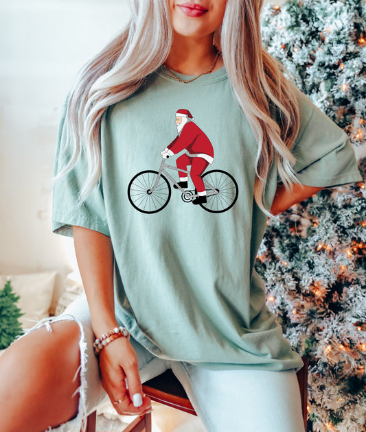 Bicycling Santa Comfort Colors Tshirt, Vintage Santa Tee