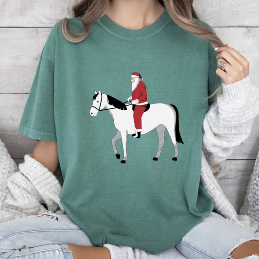 Santa Riding Horse Comfort Colors Tshirt, Vintage Santa Tee