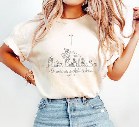 For Onto Us Comfort Colors Tshirt, Vintage Nativity Christmas Tee