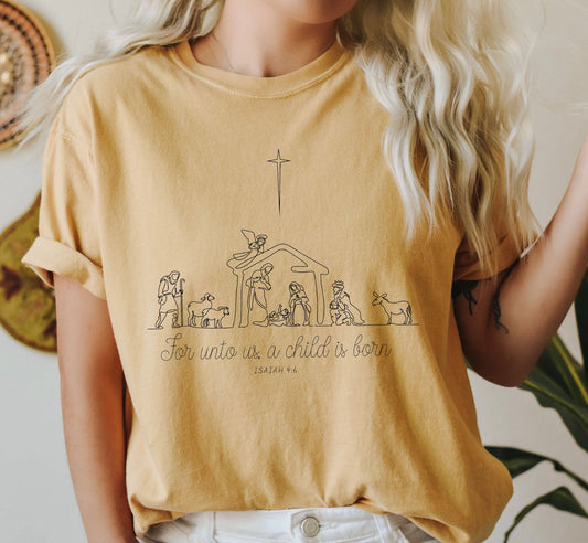 For Onto Us Comfort Colors Tshirt, Vintage Nativity Christmas Tee