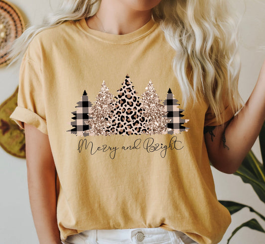 Merry and Bright Leopard Trees Comfort Colors Tshirt, Vintage Christmas Tee