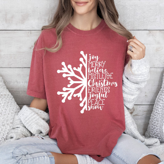 Joy Merry Believe Snowflake Comfort Colors Tshirt, Vintage Christmas Tee