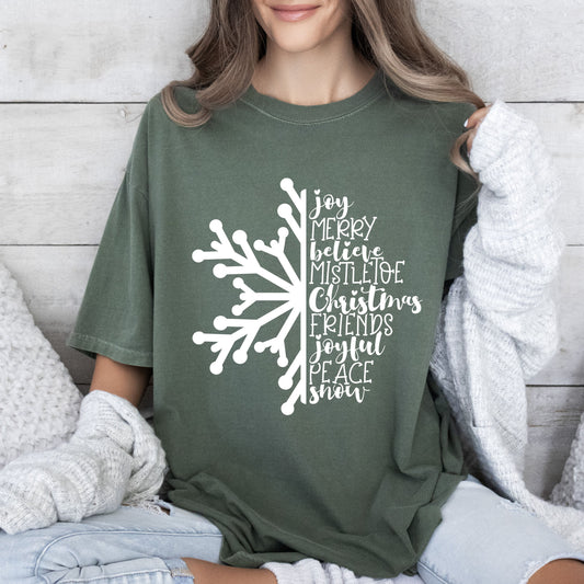 Joy Merry Believe Snowflake Comfort Colors Tshirt, Vintage Christmas Tee