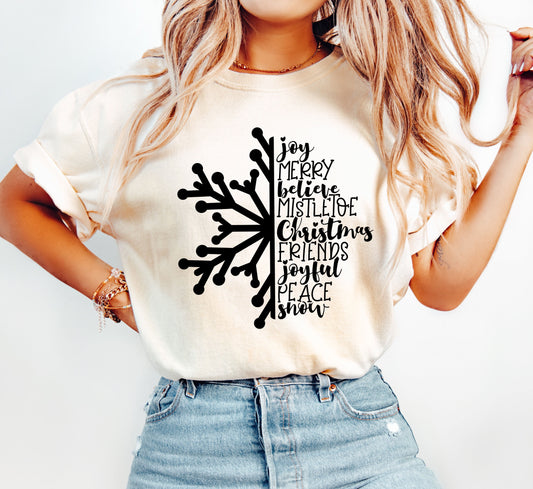 Joy Merry Believe Chic Snowflake Comfort Colors Tshirt, Vintage Christmas Tee