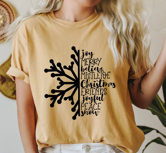 Joy Merry Believe Chic Snowflake Comfort Colors Tshirt, Vintage Christmas Tee