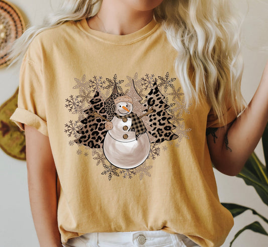 Leopard Trees and Snowman Comfort Colors Tshirt, Vintage Christmas Tee