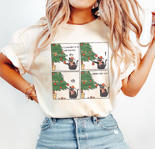 Vintage Christmas Cat Comfort Colors Tshirt, Vintage Ornaments Christmas Shirt