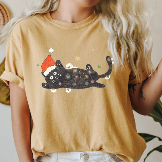 Tangled Black Cat Comfort Colors Tshirt, Vintage Cat Christmas Shirt