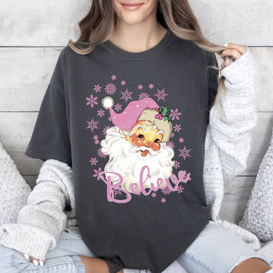 Believe Pink Santa Christmas Comfort Colors Tshirt, Vintage Christmas Shirt