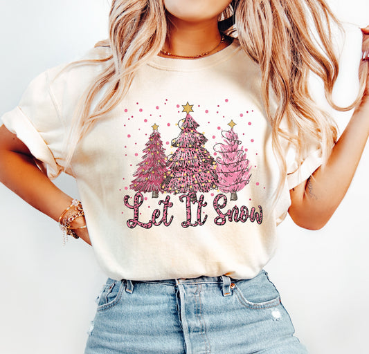 Let It Snow Pink Christmas Trees Comfort Colors Tshirt, Vintage Trees Christmas Shirt