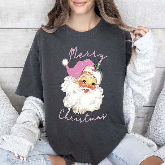 Merry Christmas Pink Santa Comfort Colors Tshirt, Vintage Christmas Santa Shirt