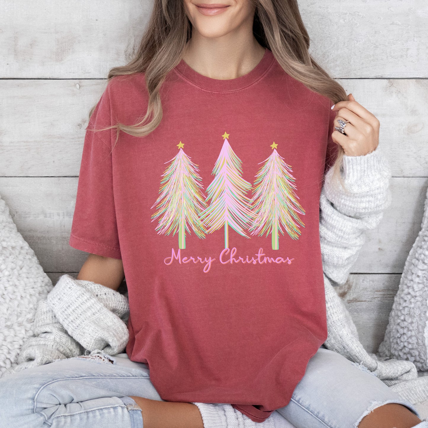 Merry and Bright Christmas Trees Comfort Colors Tshirt, Pink Watercolor Christmas Trees Shirt