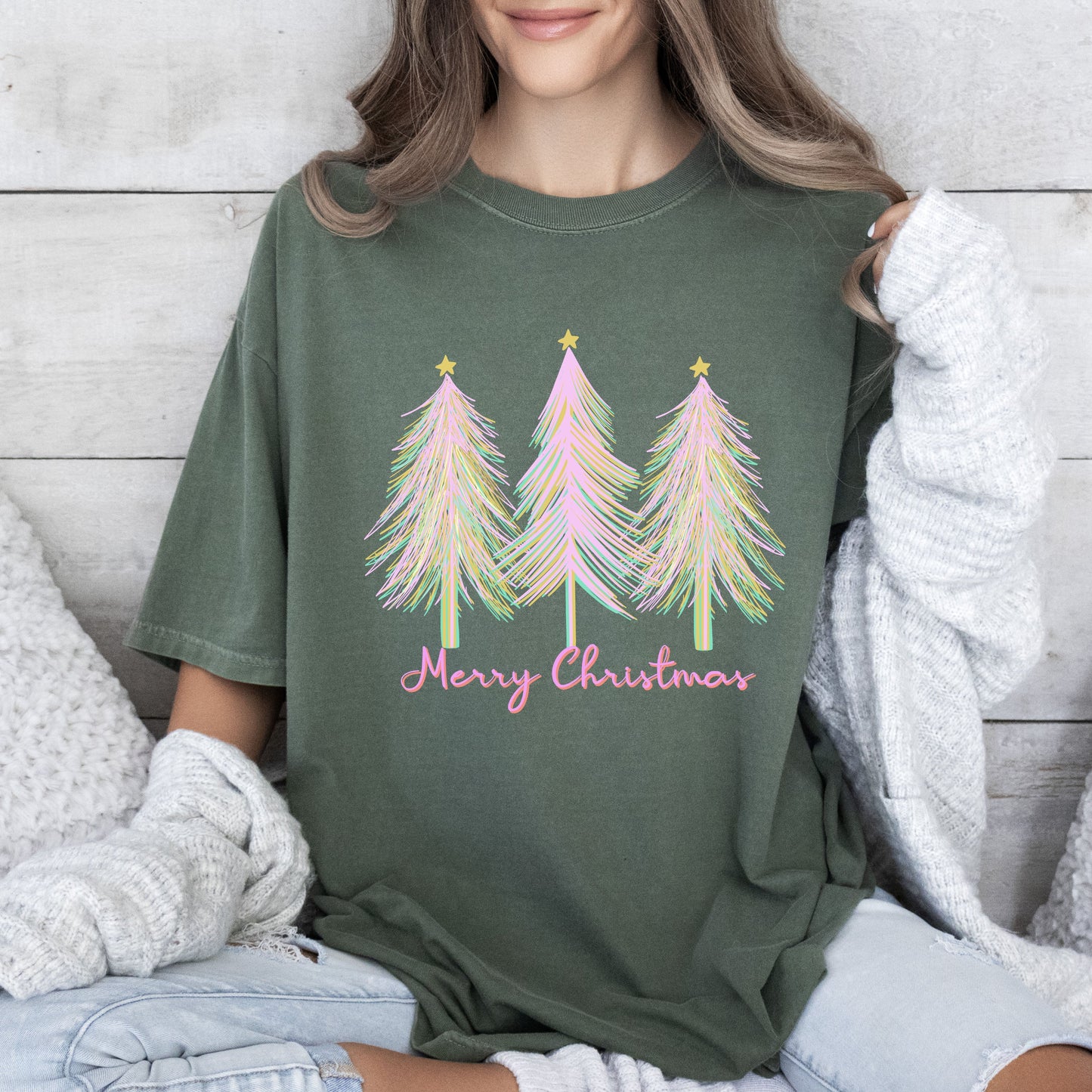 Merry and Bright Christmas Trees Comfort Colors Tshirt, Pink Watercolor Christmas Trees Shirt