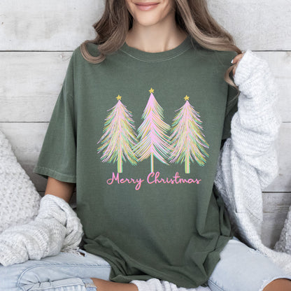 Merry and Bright Christmas Trees Comfort Colors Tshirt, Pink Watercolor Christmas Trees Shirt