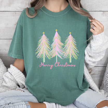 Merry and Bright Christmas Trees Comfort Colors Tshirt, Pink Watercolor Christmas Trees Shirt