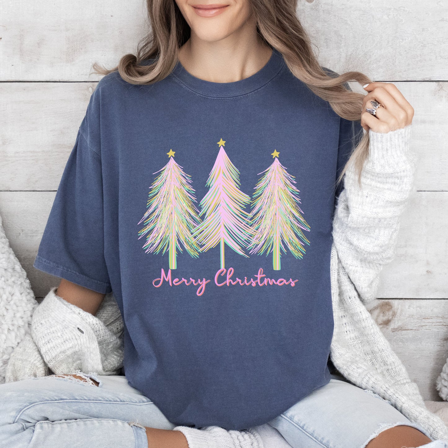 Merry and Bright Christmas Trees Comfort Colors Tshirt, Pink Watercolor Christmas Trees Shirt