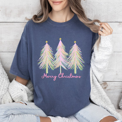 Merry and Bright Christmas Trees Comfort Colors Tshirt, Pink Watercolor Christmas Trees Shirt