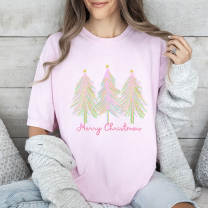 Merry and Bright Christmas Trees Comfort Colors Tshirt, Pink Watercolor Christmas Trees Shirt
