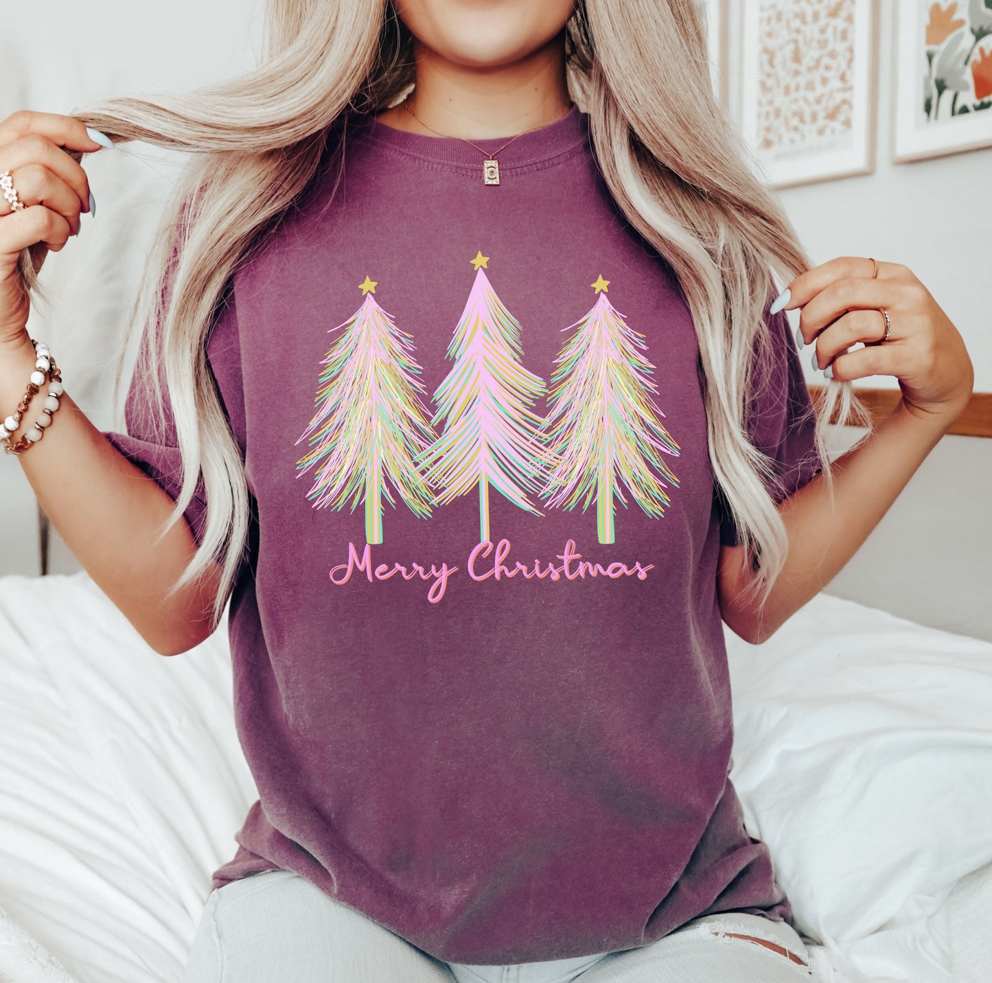 Merry and Bright Christmas Trees Comfort Colors Tshirt, Pink Watercolor Christmas Trees Shirt