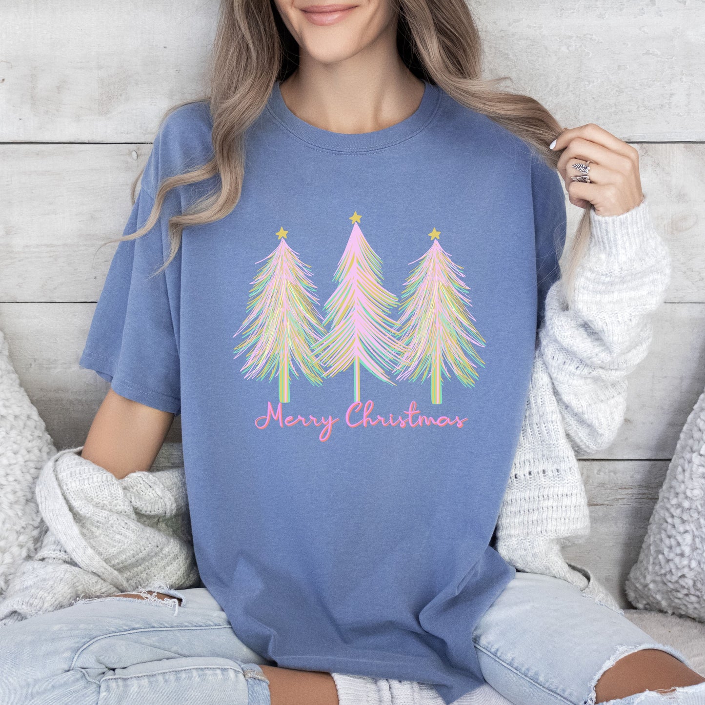 Merry and Bright Christmas Trees Comfort Colors Tshirt, Pink Watercolor Christmas Trees Shirt