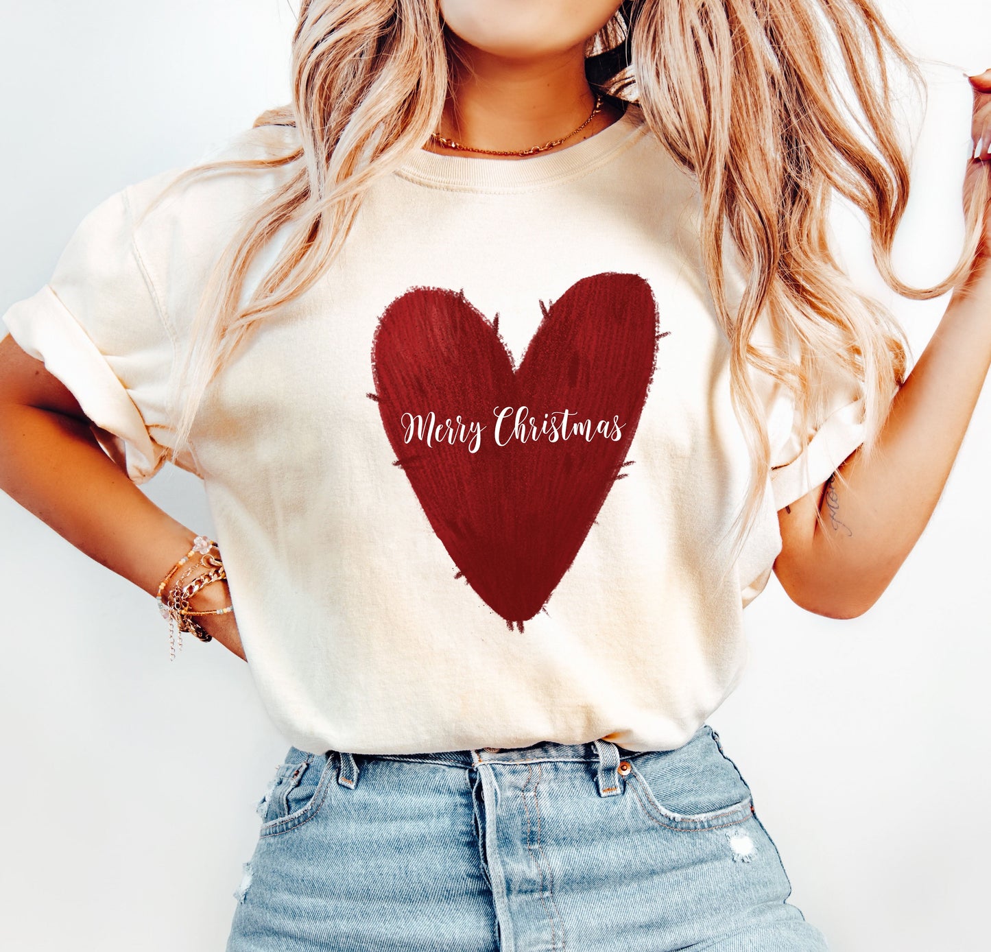 Merry Christmas Red Heart Comfort Colors Tshirt, Retro Christmas Tee