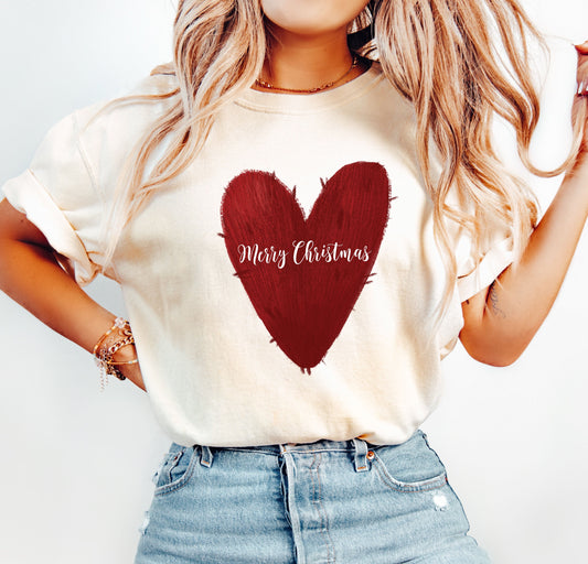 Merry Christmas Red Heart Comfort Colors Tshirt, Retro Christmas Tee