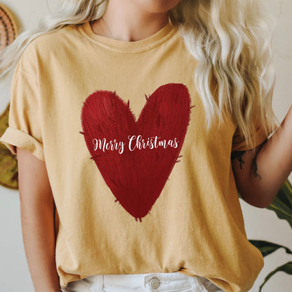 Merry Christmas Red Heart Comfort Colors Tshirt, Retro Christmas Tee