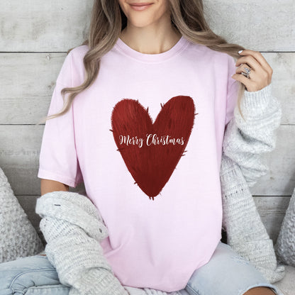 Merry Christmas Red Heart Comfort Colors Tshirt, Retro Christmas Tee