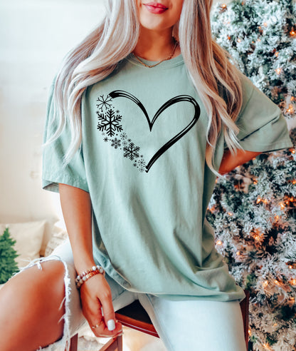 Heart & Snowflakes Comfort Colors Tshirt, Retro Christmas Tee