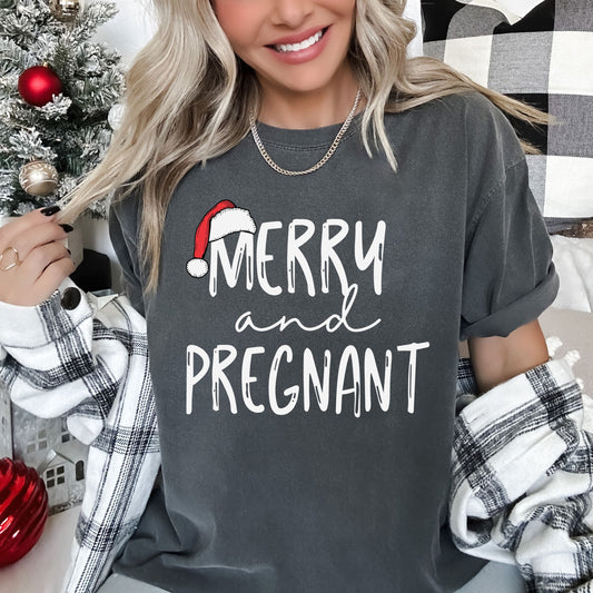 Merry and Pregnant Comfort Colors Tee, Vintage Classic Christmas Tshirt
