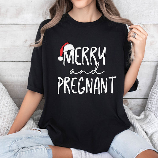 Merry and Pregnant Comfort Colors Tee, Vintage Classic Christmas Tshirt