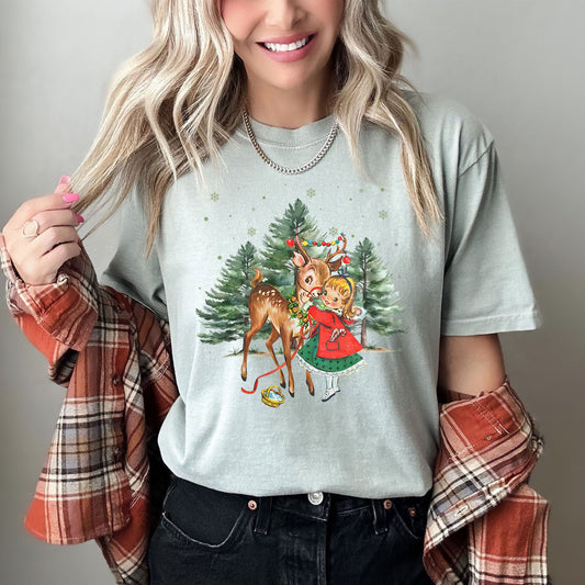 Vintage Christmas Girl and Reindeer Comfort Colors Tee, Retro Classic Christmas Tshirt