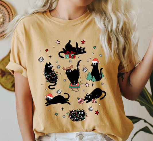 Black Cats with Santa Hat Retro Comfort Colors Tee, Vintage Classic Christmas Tshirt