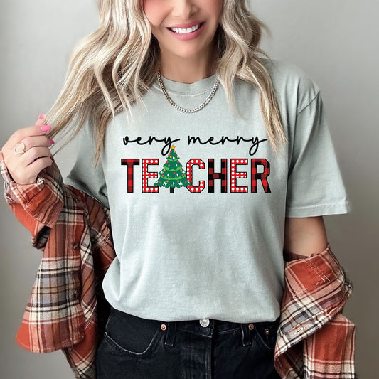 Very Merry Teacher Comfort Colors Tee, Vintage Classic Christmas Tshirt