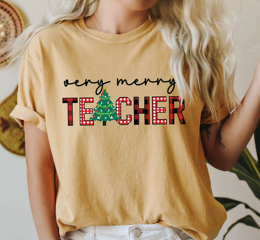 Very Merry Teacher Comfort Colors Tee, Vintage Classic Christmas Tshirt