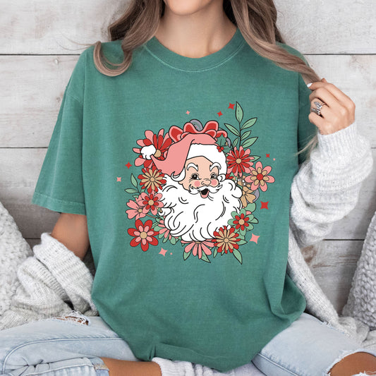 Floral Santa Retro Comfort Colors Tee, Vintage Classic Christmas Tshirt