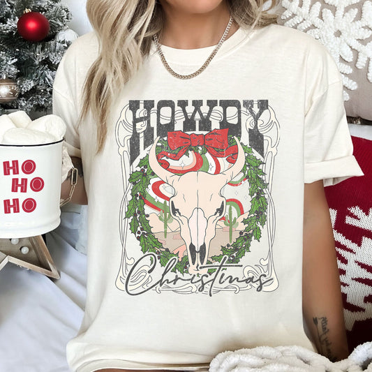 Howdy Christmas Boho Skull Comfort Colors Tee, Vintage Classic Christmas Tshirt