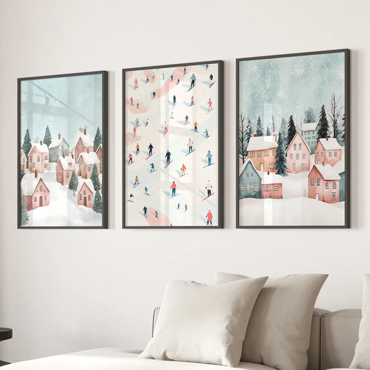 Cute Winter Village Christmas Art Decor Prints