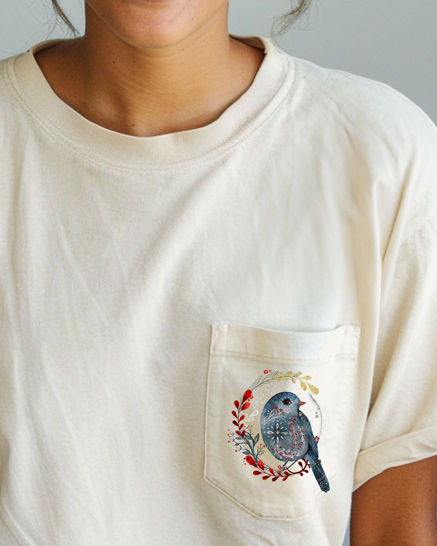 Christmas Bird, Pocket, Folk Art, Santa, Winter, Snow, Xmas, Flowers, Floral Pocket Tee Comfort Colors T-Shirt