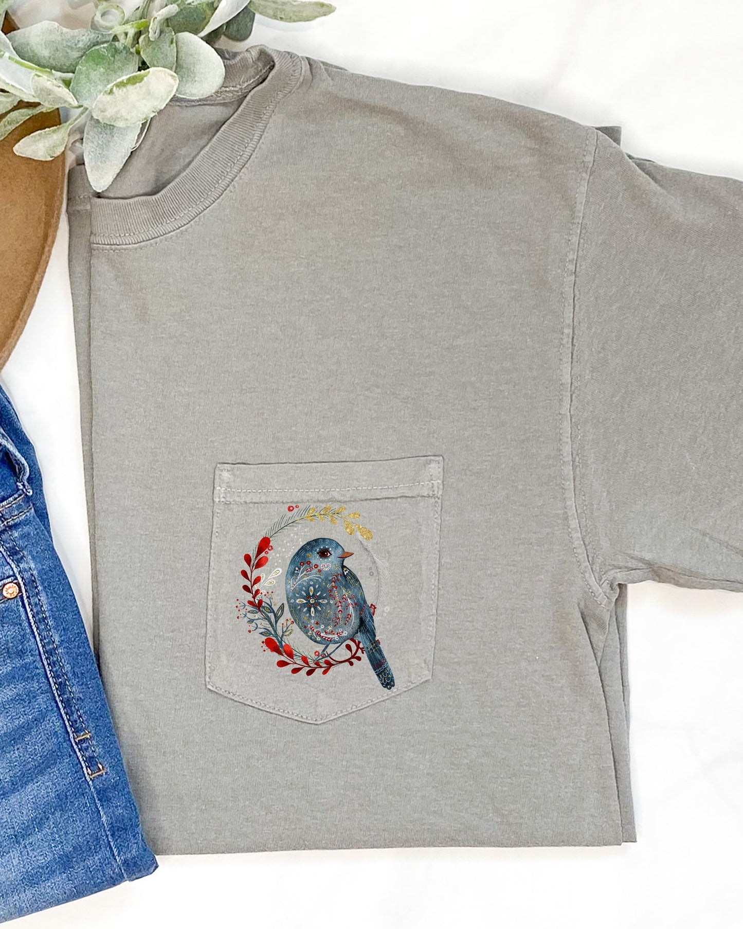 Christmas Bird, Pocket, Folk Art, Santa, Winter, Snow, Xmas, Flowers, Floral Pocket Tee Comfort Colors T-Shirt