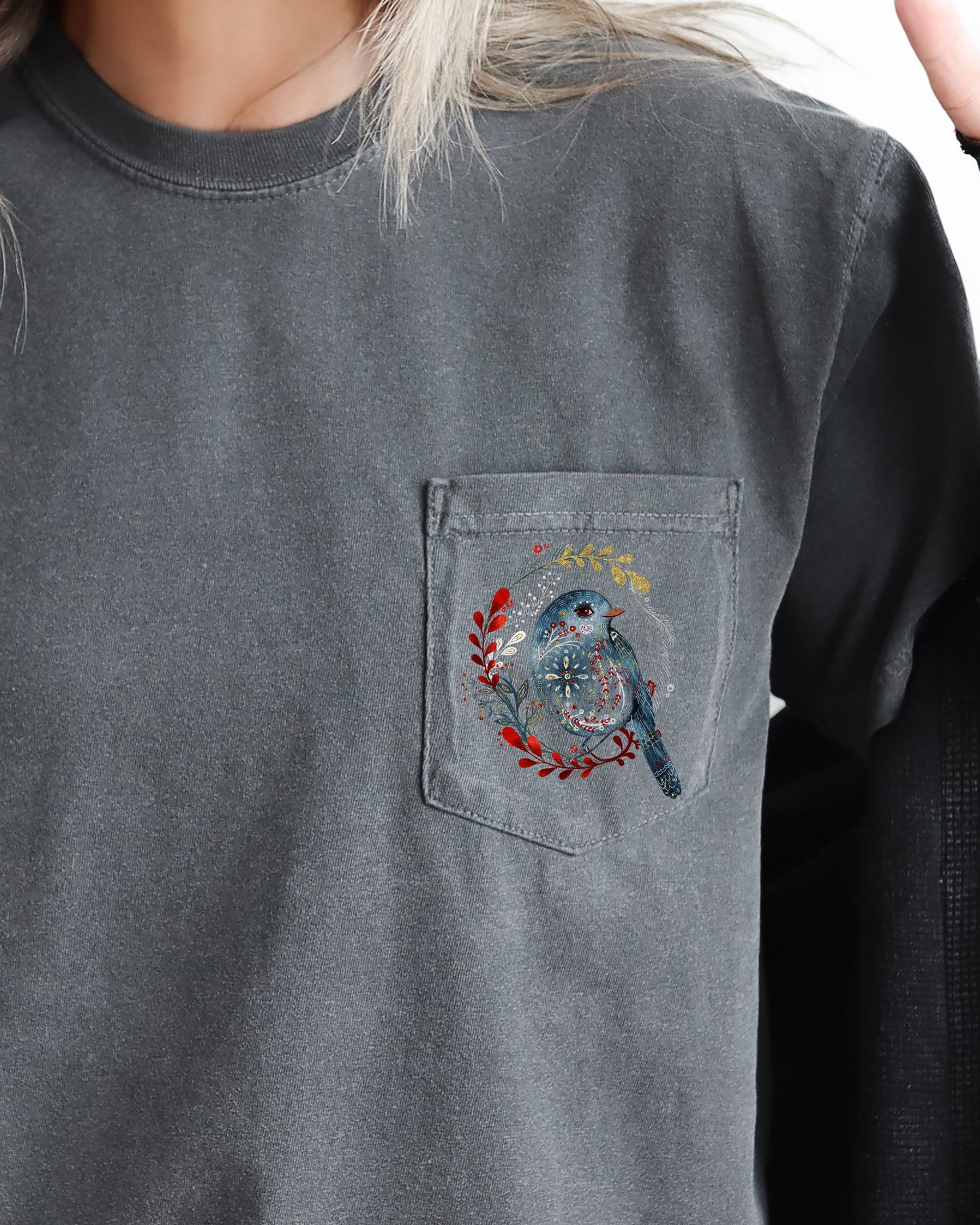 Christmas Bird, Pocket, Folk Art, Santa, Winter, Snow, Xmas, Flowers, Floral Pocket Tee Comfort Colors T-Shirt