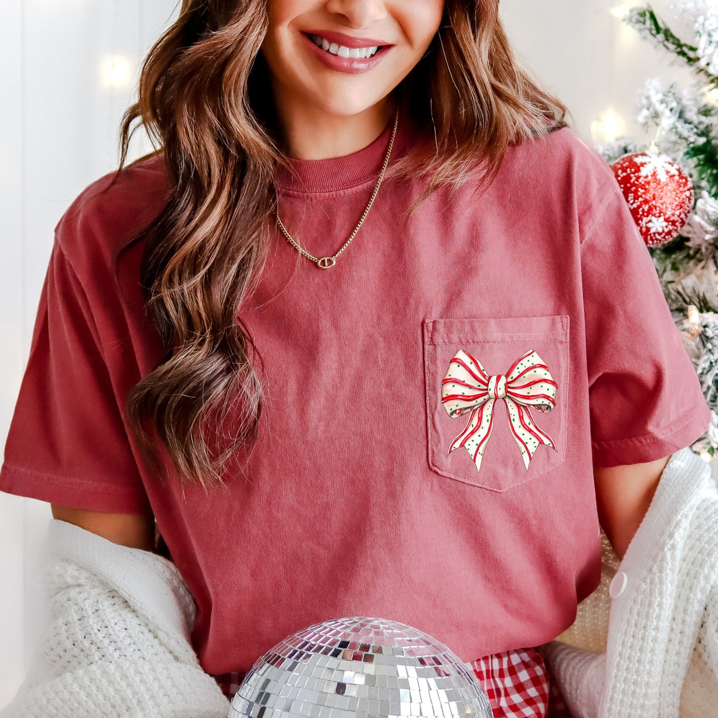 Christmas Cake, Ribbon, Bow, Pocket Tee Comfort Colors T-Shirt