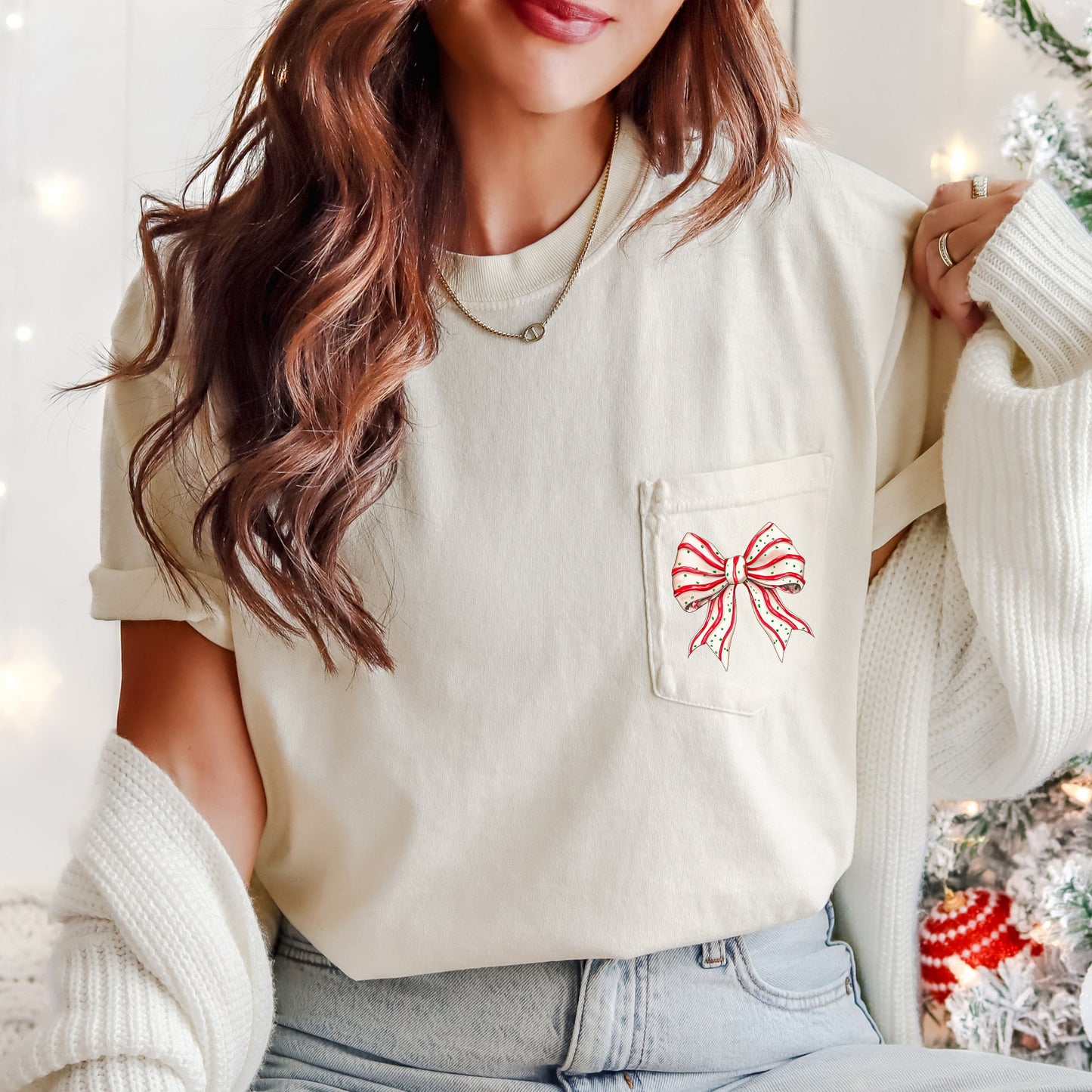 Christmas Cake, Ribbon, Bow, Pocket Tee Comfort Colors T-Shirt