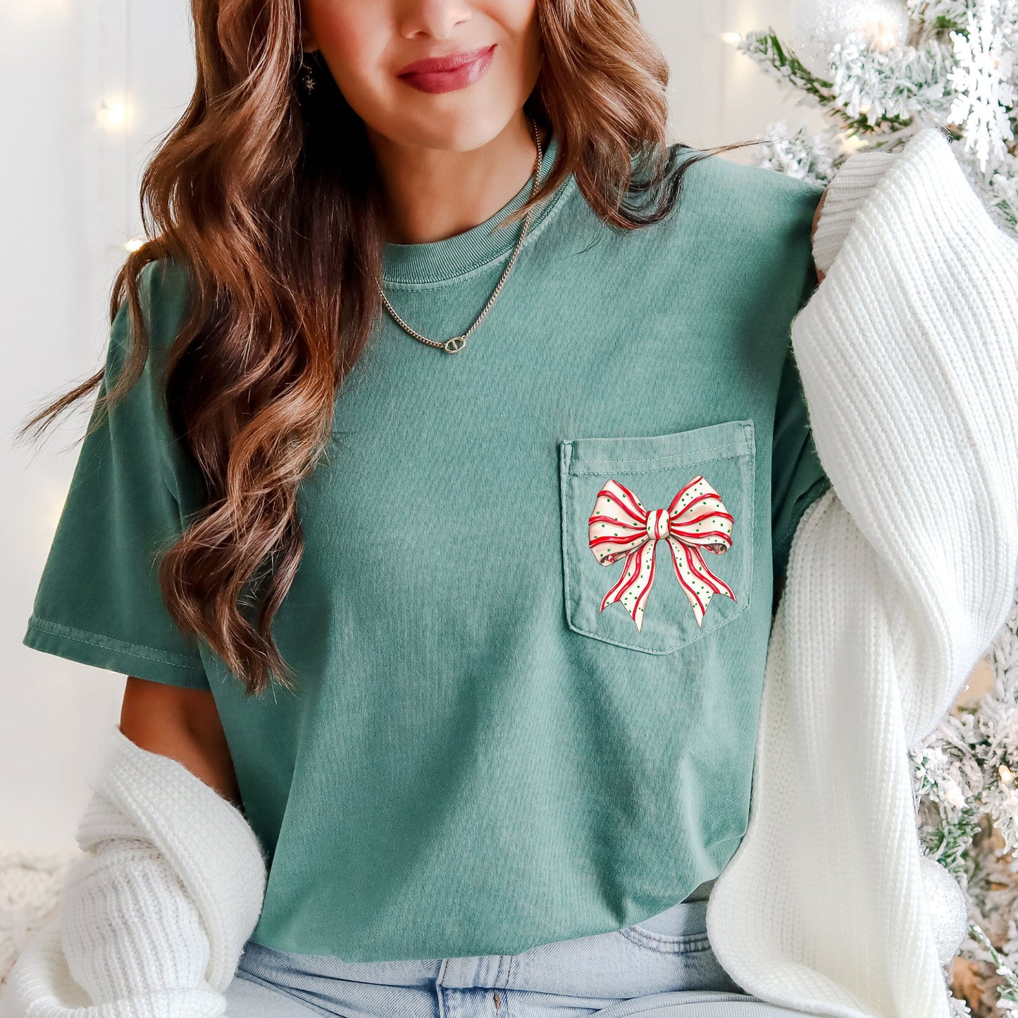 Christmas Cake, Ribbon, Bow, Pocket Tee Comfort Colors T-Shirt