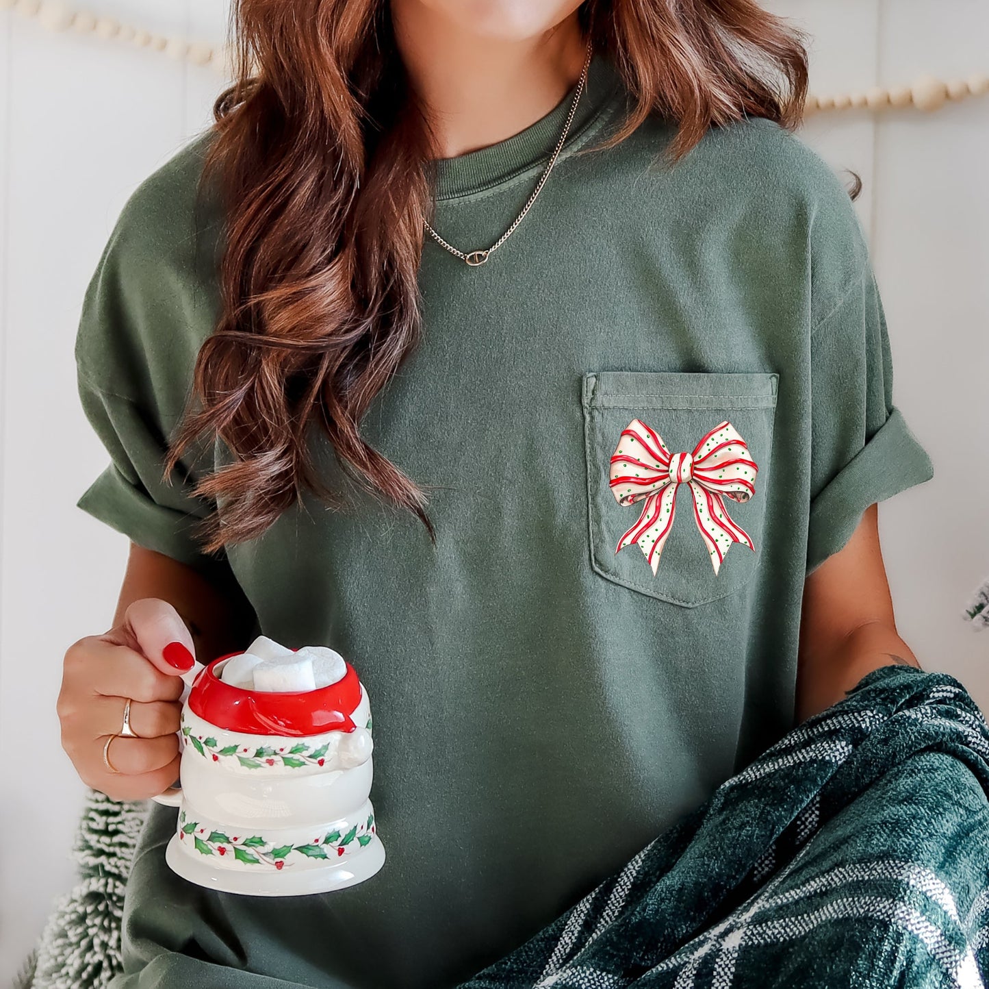 Christmas Cake, Ribbon, Bow, Pocket Tee Comfort Colors T-Shirt