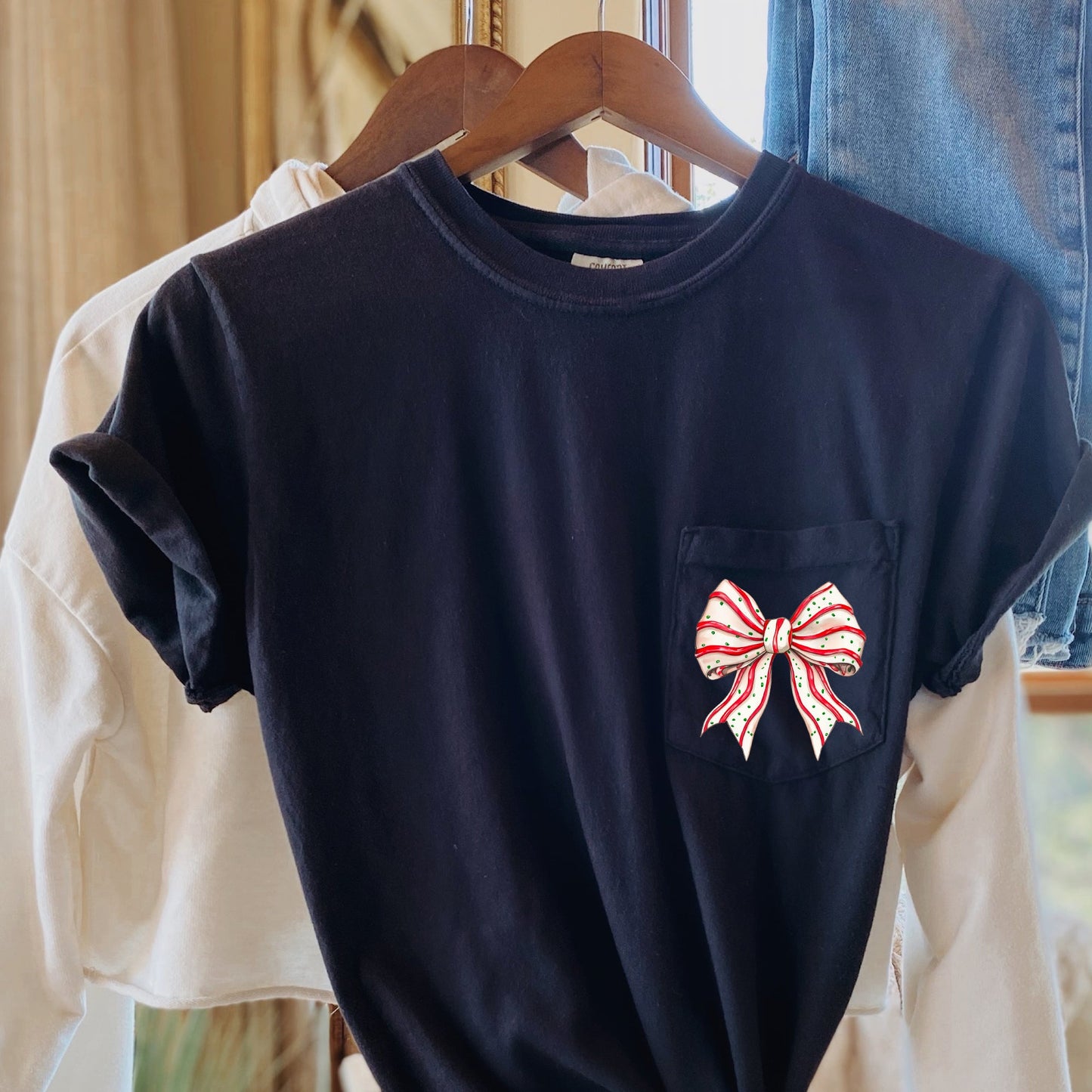 Christmas Cake, Ribbon, Bow, Pocket Tee Comfort Colors T-Shirt