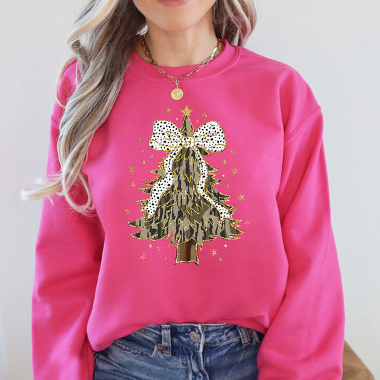 Christmas Camo Tree, Ribbon, Bows, Santa Sweatshirt